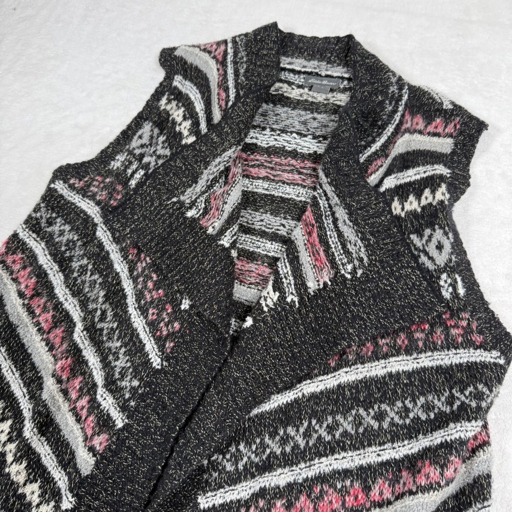 Eddie Bauer Womens Fair Isle Wool Alpaca Blend Open‎ Front Long Sweater Vest S